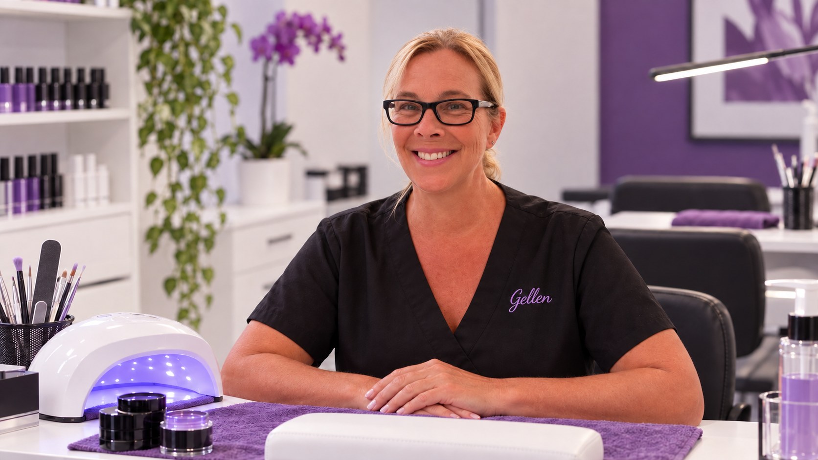 Ellen at a professional manicure training desk