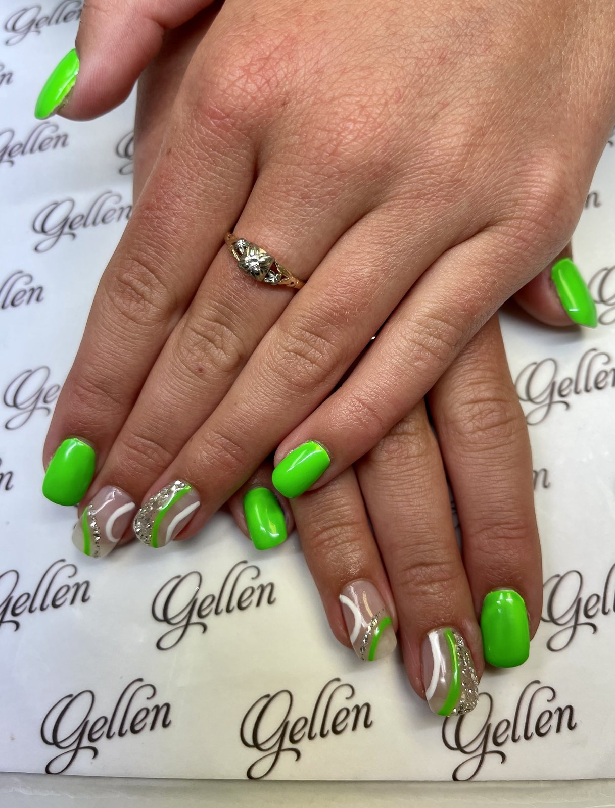 Neon Green & Silver Swirl Nails