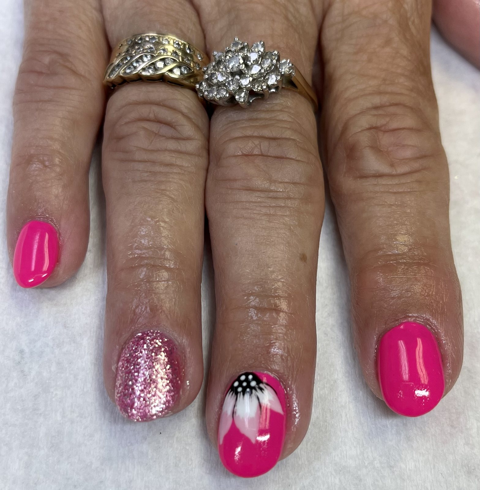 Hot Pink Floral Glitter Nails