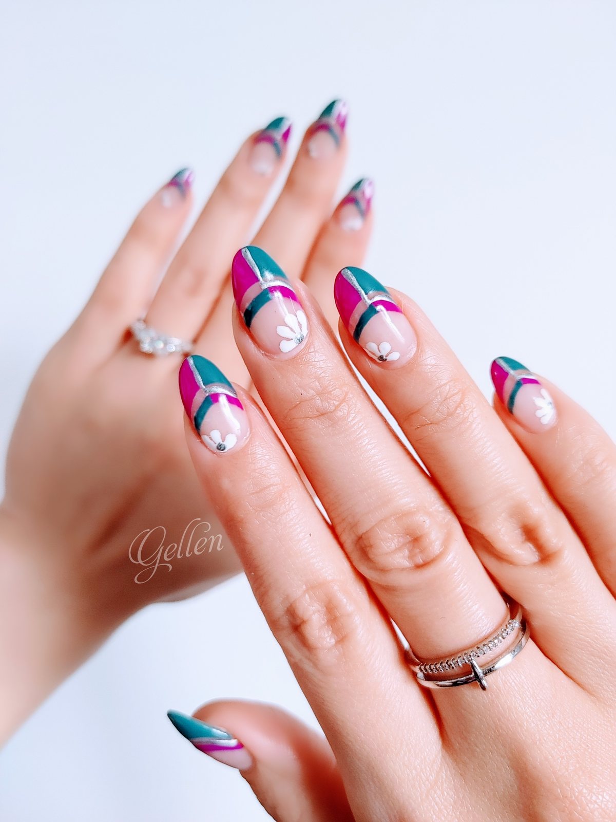 Teal & Magenta Floral Nails