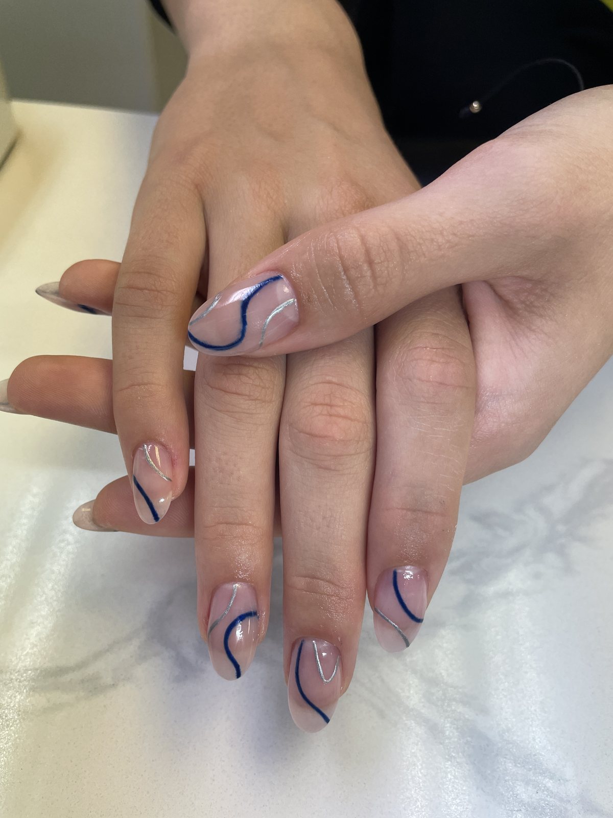 Nude Blue & Silver Line Nails