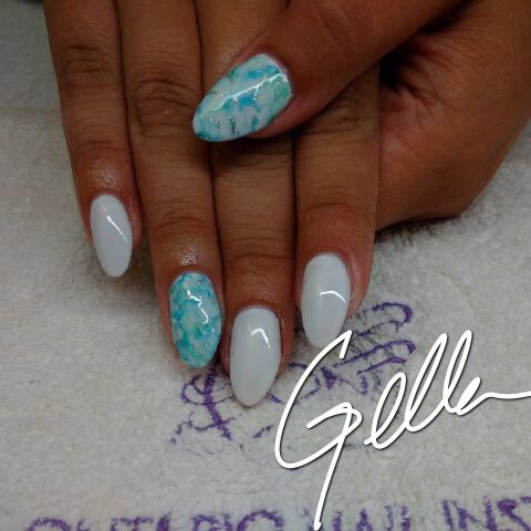 White nails with aqua marble accent art