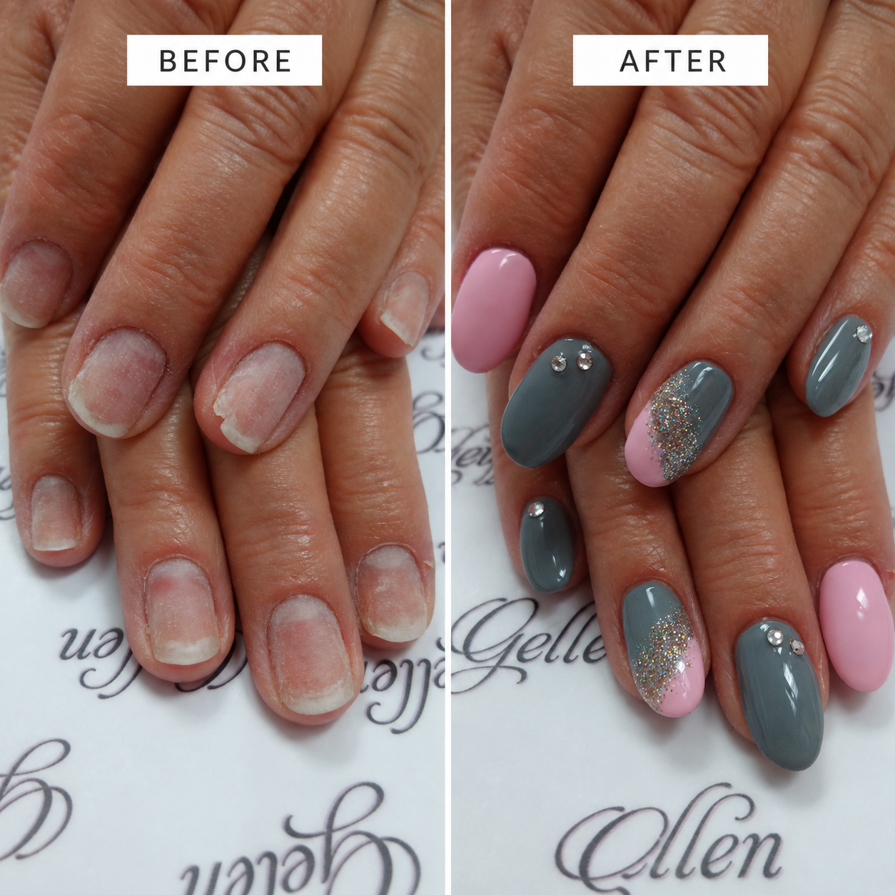 Before and after pink and grey nail enhancement transformation