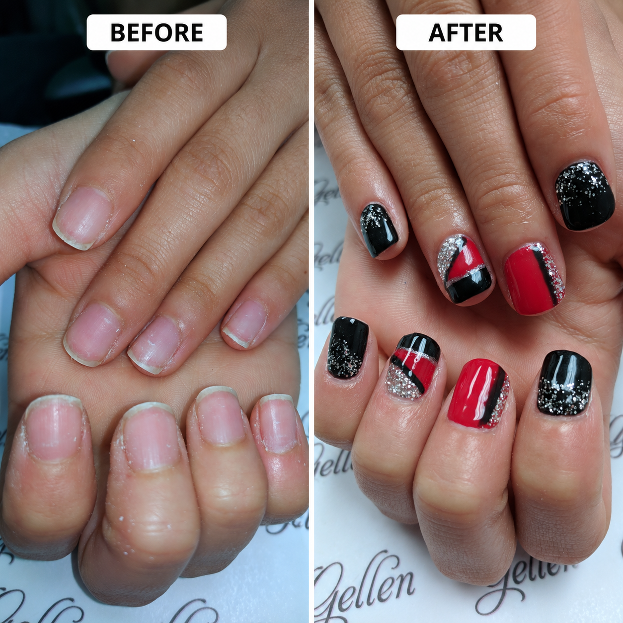 Before and after red, black and silver nail transformation