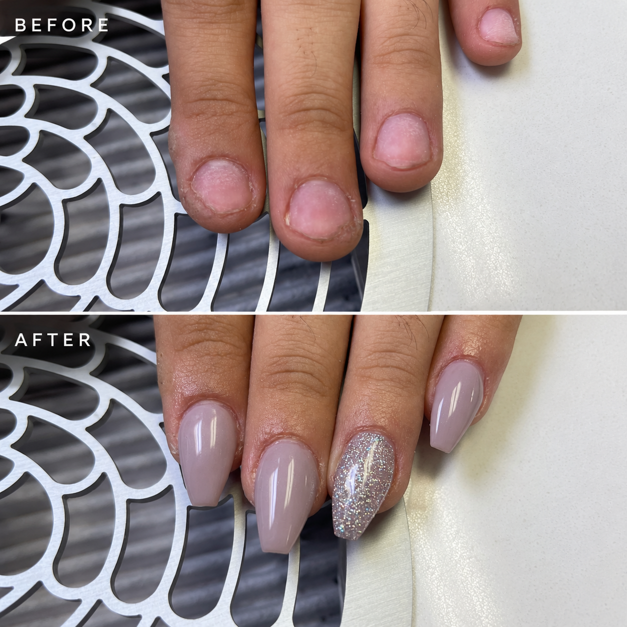 Before and after transformation from natural short nails to taupe and silver glitter extensions