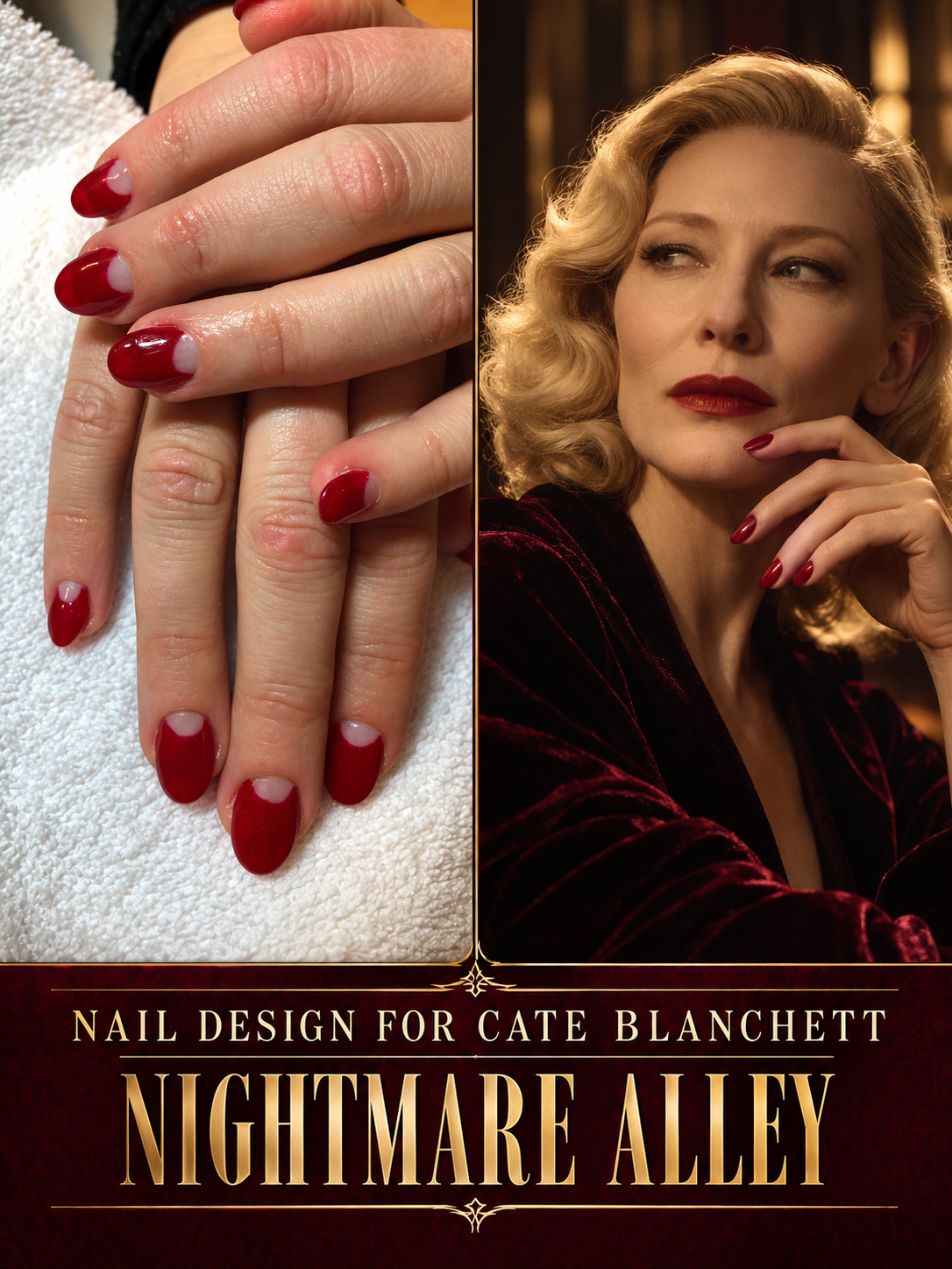 Ruby half-moon nail design created for Cate Blanchett in Nightmare Alley