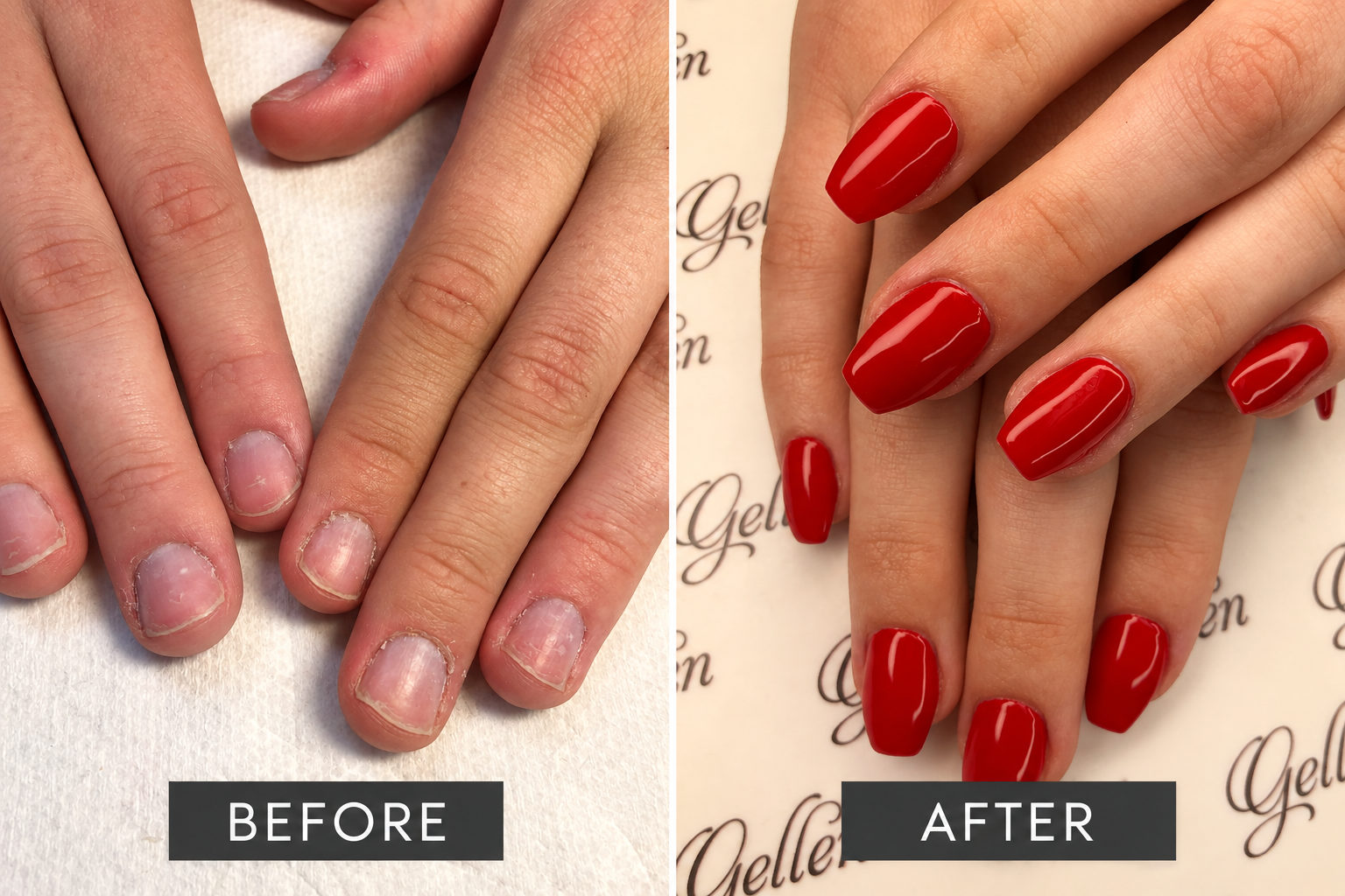 Before and after classic red nail transformation