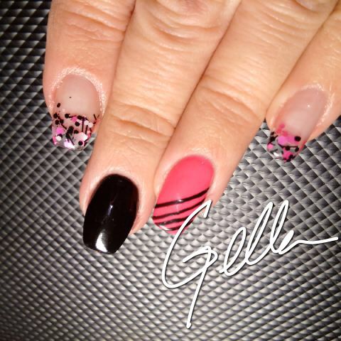 Pink and black coffin-shaped nail design