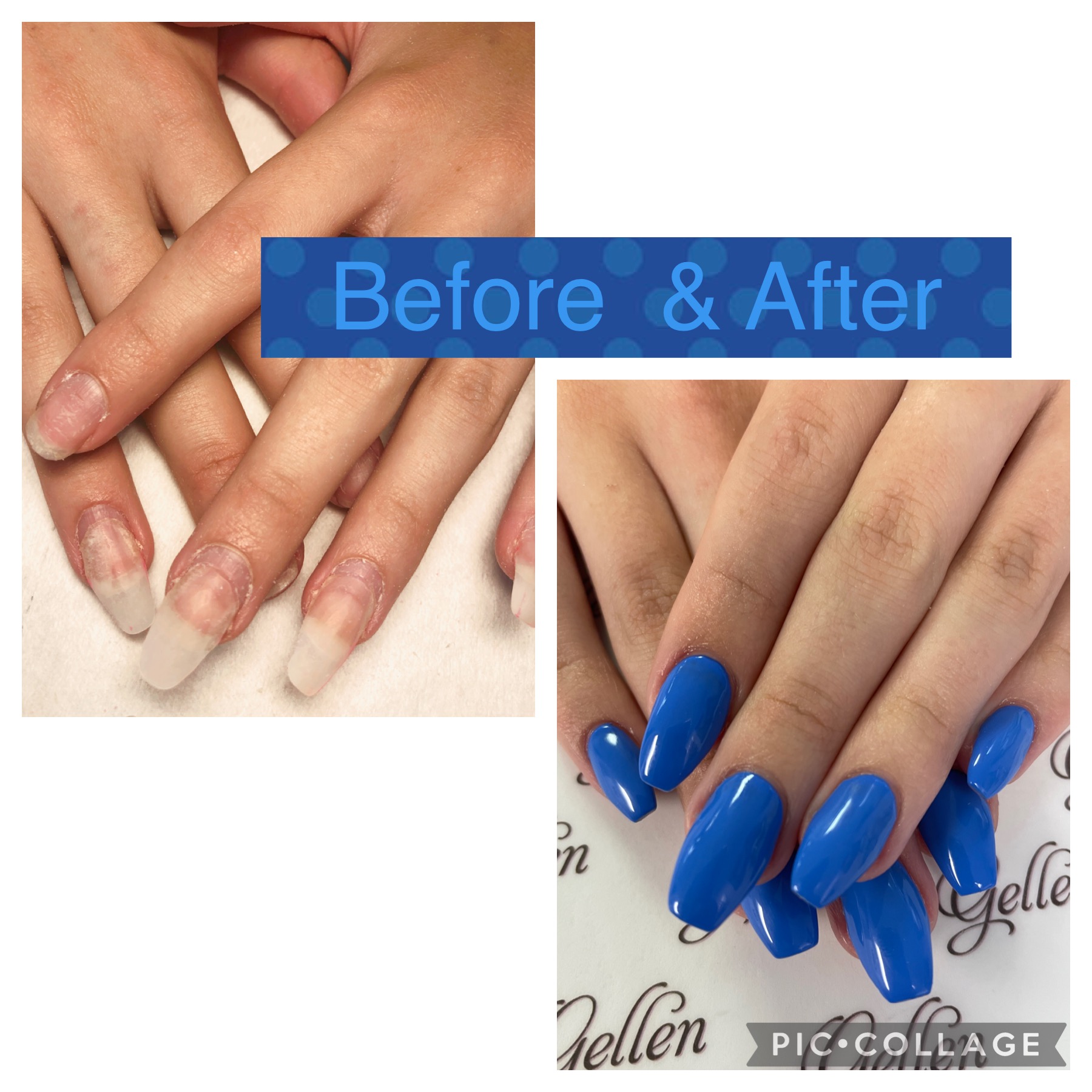 Before and after transformation to glossy royal blue nails