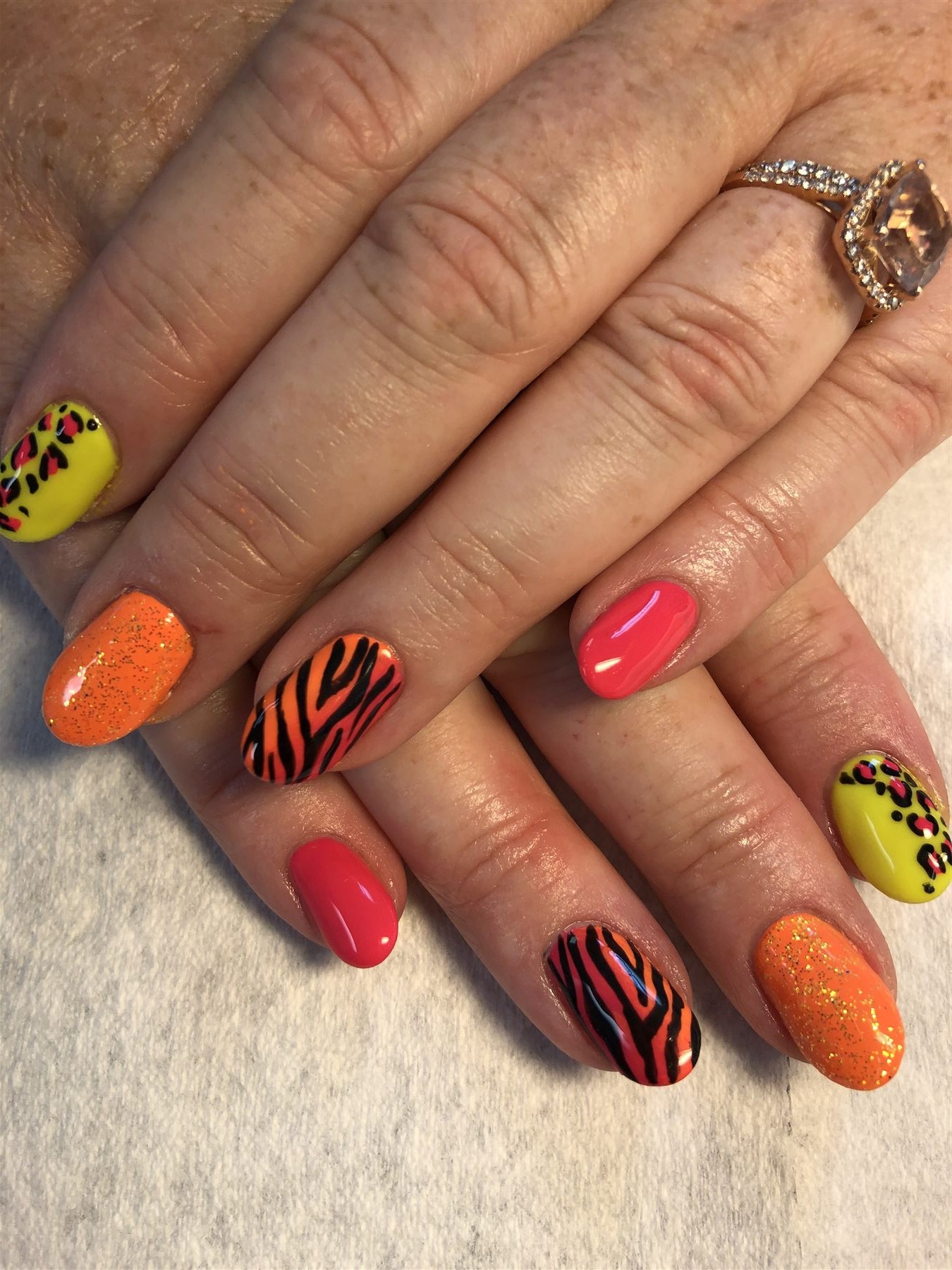 Full set of neon zebra leopard and glitter nails