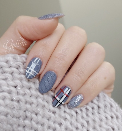 Grey knit plaid and silver glitter winter manicure