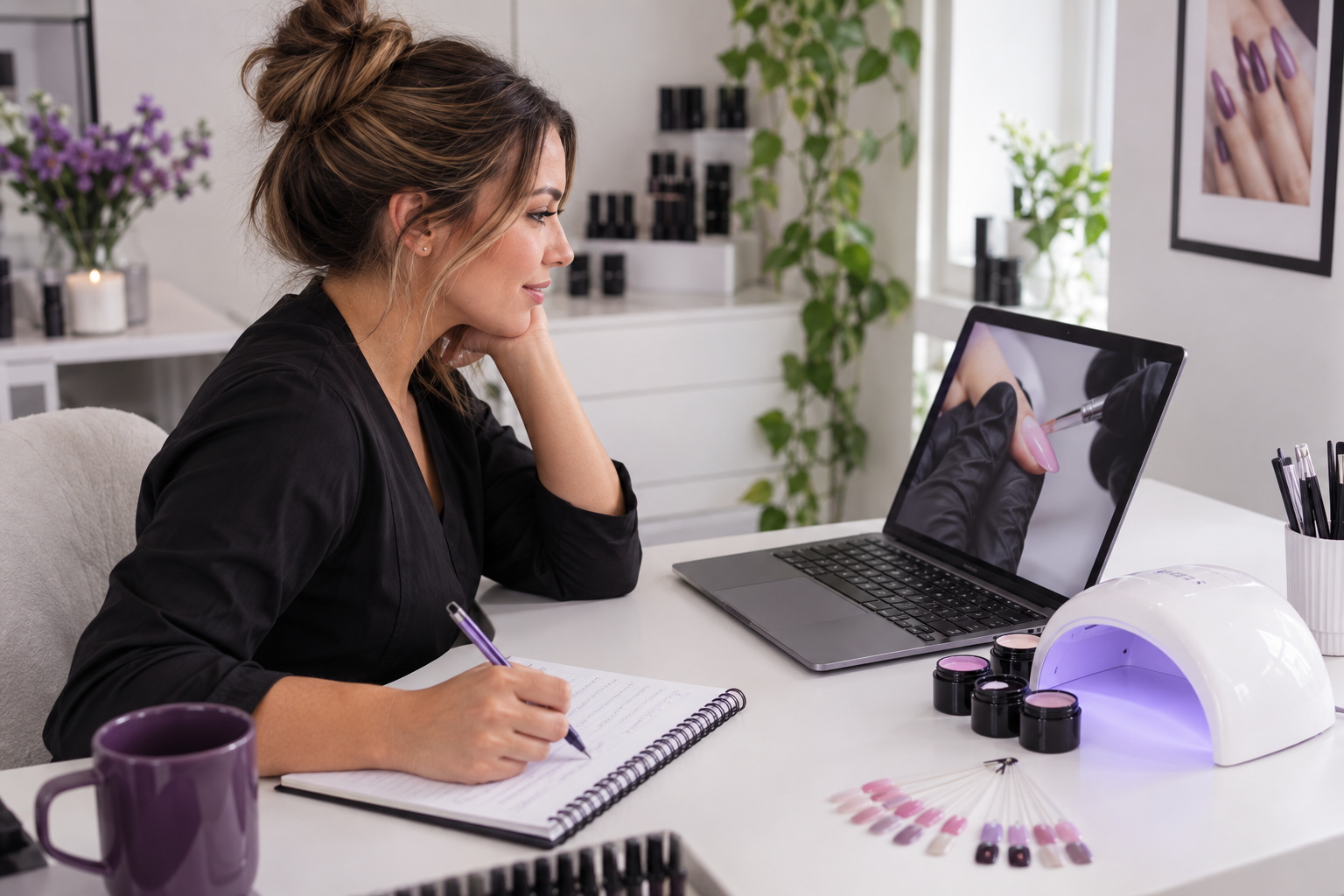 Nail professional learning online at a manicure desk