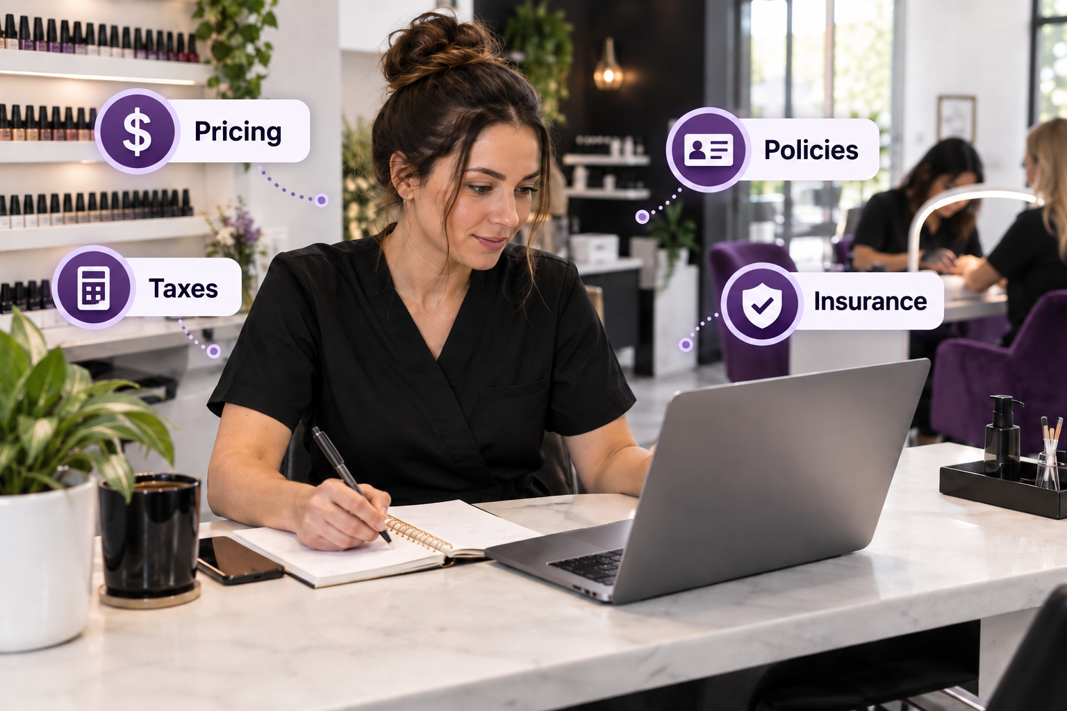 Salon owner working at a laptop with course topics including pricing, taxes, policies, and insurance